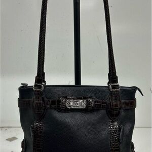 Brighton Elegant Black Leather classic Tote Bag, Embossed trim, Silver Hardware